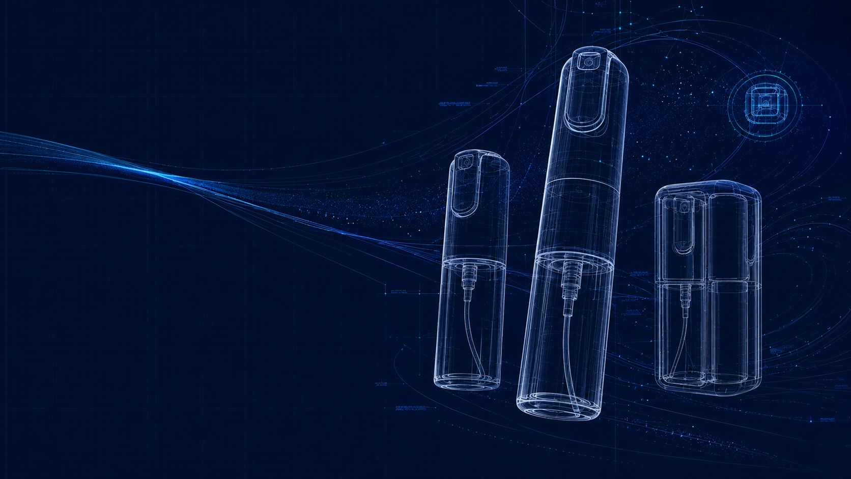 Pangram spray packaging lineup — blueprint-style illustration