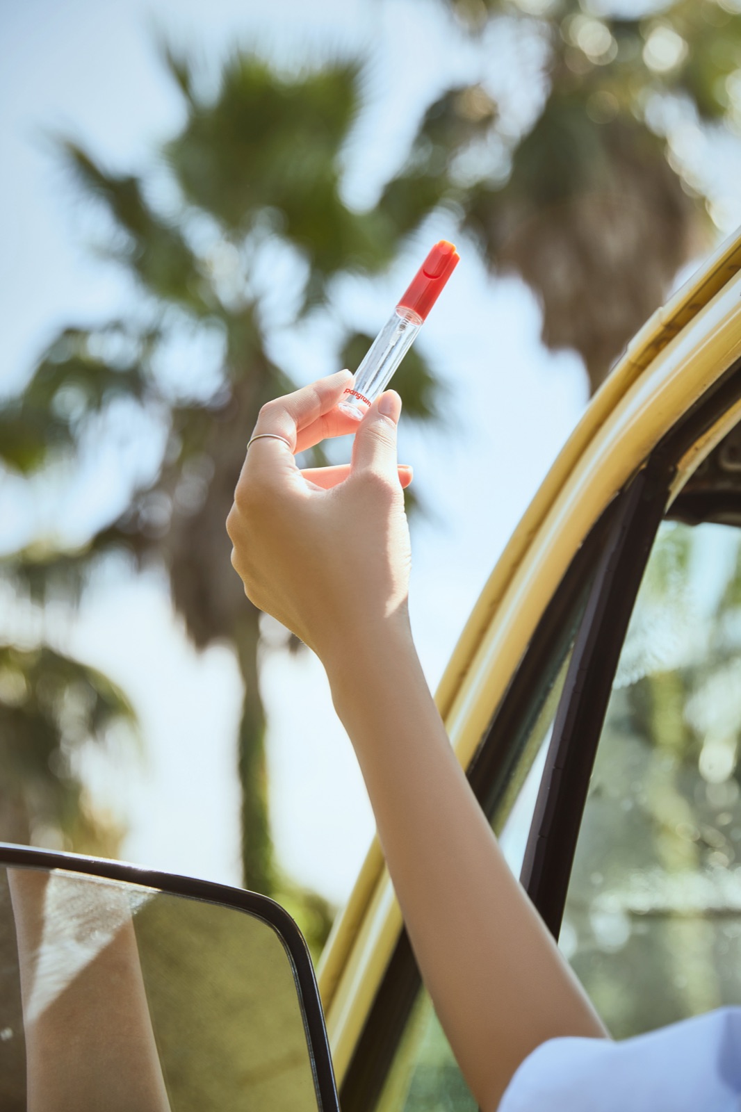 A hand holding a Pangram portable spray out of a car window